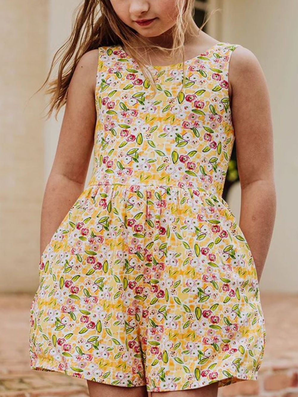SweetHoney Yellow Floral Sleeveless Romper with Pockets